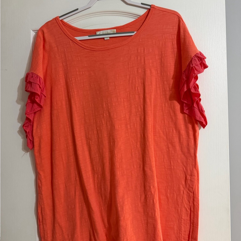 Suzanne Betro Coral Orange Ruffle Sleeve Tee